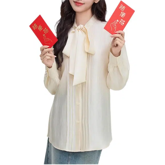 三福 高级感领口蝴蝶结绑带缎感长袖衬衫 女款 杏色