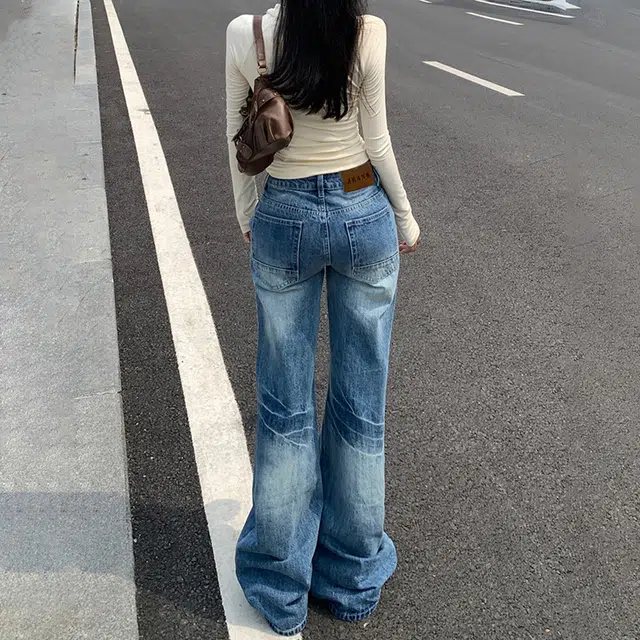花蔓色 美式水洗磨白辣妹百搭低腰简约修身微喇宽松垂感拉链直筒牛仔裤 女款 复古蓝