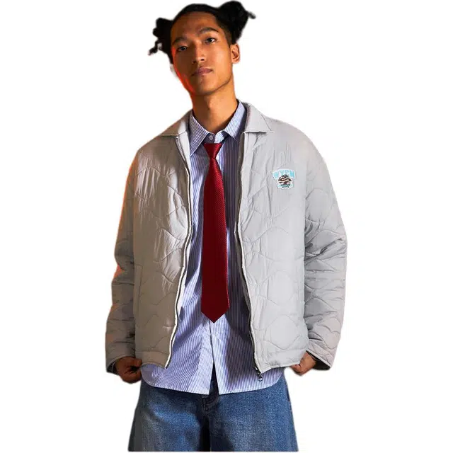 华人青年 贴布绣翻领绗棉格形纹理夹克 男款 灰色