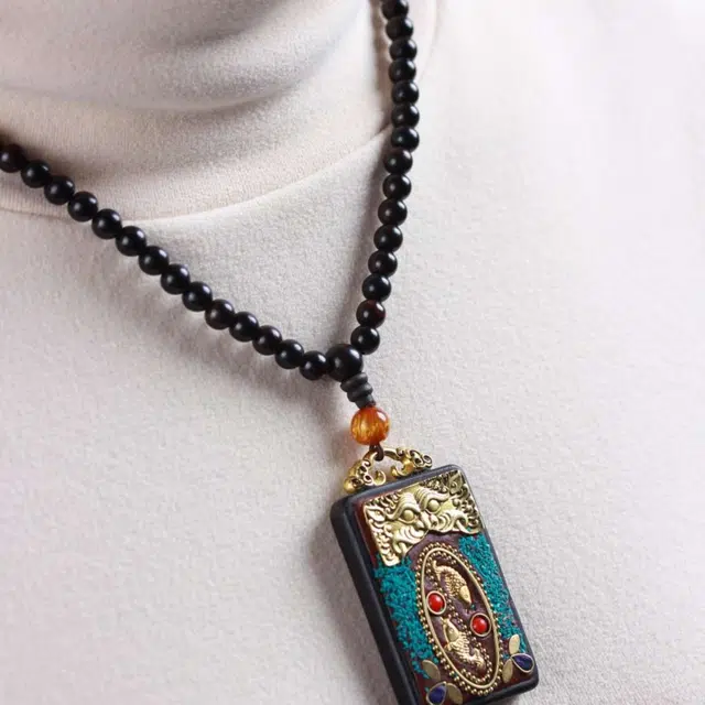 爵倾 民族风唐卡【年年有余】吊坠毛衣链#好运 黑檀 项链 男女同款情侣款