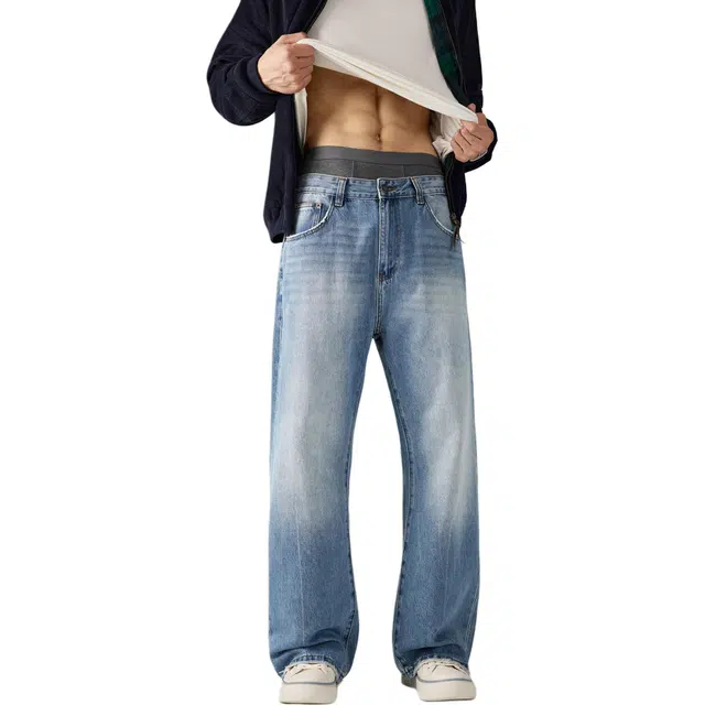帝狼牛 复古水洗做旧线条设计感浅色宽松直筒显瘦百搭牛仔裤 男女同款