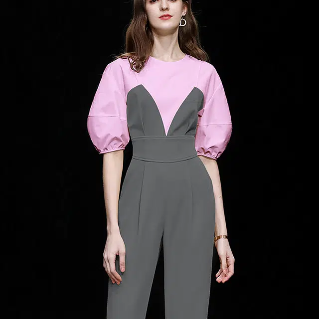 达菲时尚 休闲撞色灯笼袖高腰连体衣 女款 璎珞粉+深灰