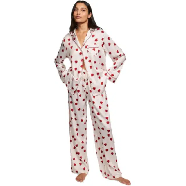 Victoria's Secret Satin Long Pajama Set Pink Heart Print