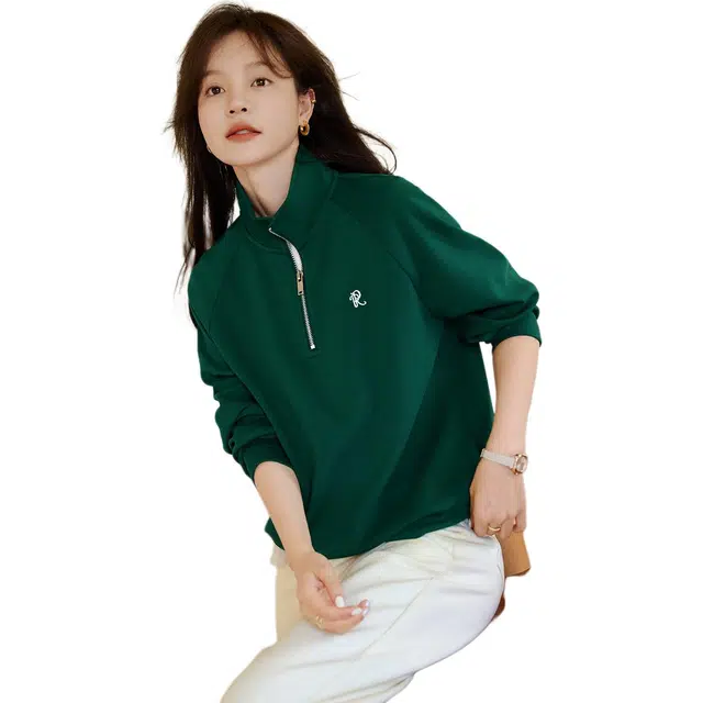 沫晗依美 休闲立领宽松插肩长袖卫衣 女款 绿色