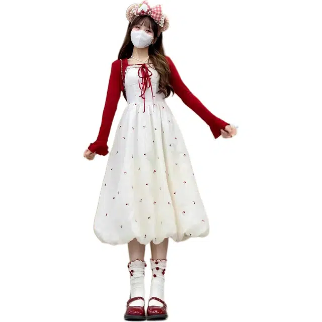 海獭 大码胖妹妹法式甜美少女碎花吊带连衣裙长裙开衫裙装套装两件套 女款