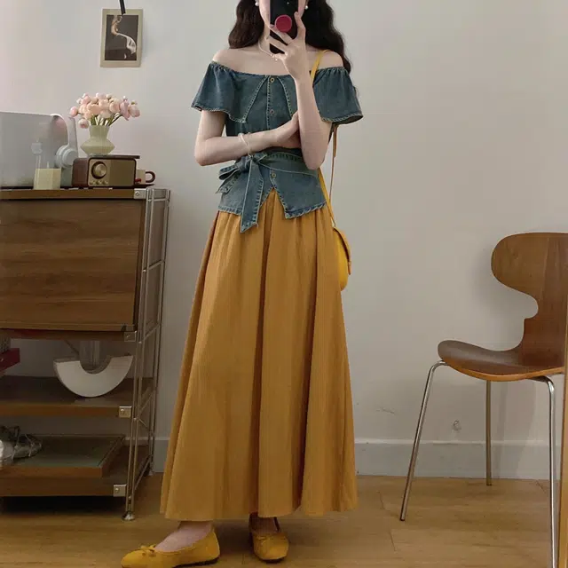 古莲菲 法式设计感小众牛仔上衣高腰半身裙两件套套裙装套装 女款