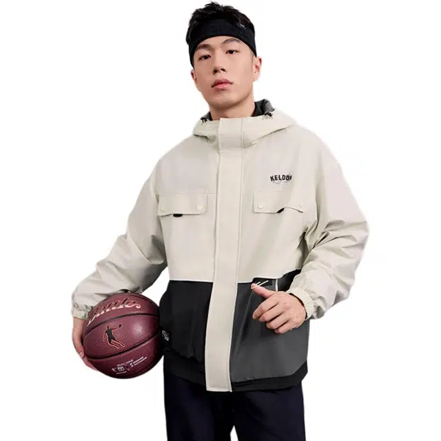 乔丹 运动生活系列 拼接字母拉链连帽舒适透气百搭休闲风衣 男款 山帆白/黑色