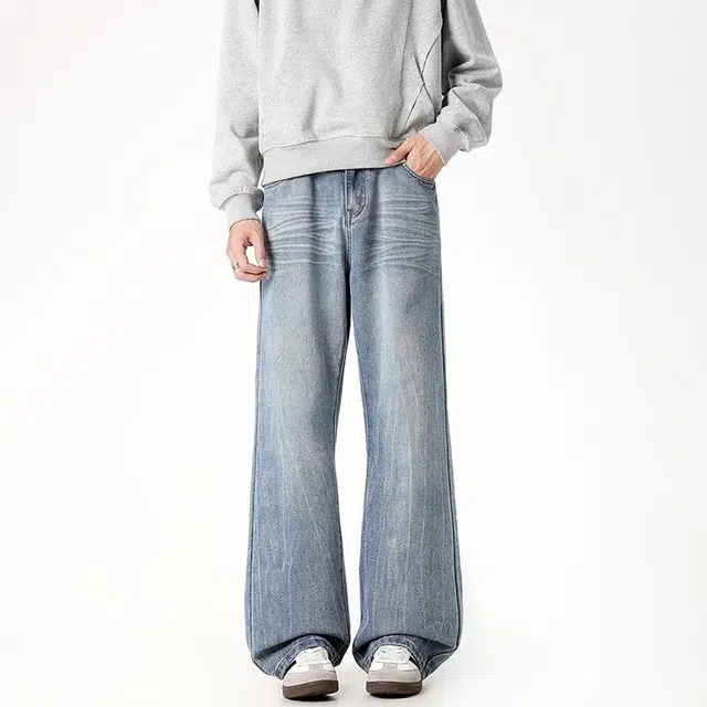 法文箱子 美式高街水洗闪电纹微喇牛仔裤复古宽松显瘦痞帅百搭休闲直筒裤 男款