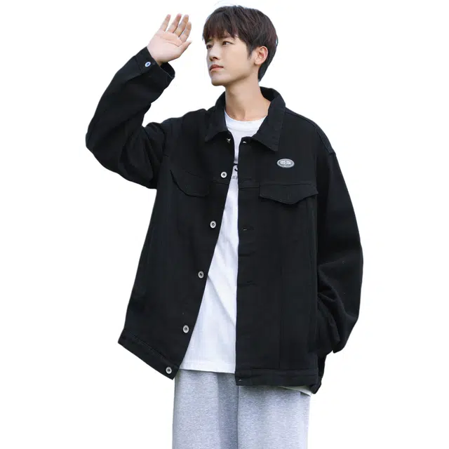 快鱼 美式复古秋款宽松型潮牛仔外套 男女同款