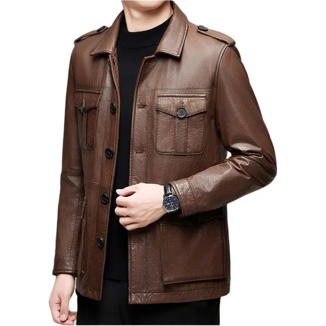 太子龍 头层油蜡牛皮真皮春秋季翻领皮夹克工装多口袋机车服外套皮衣 男款