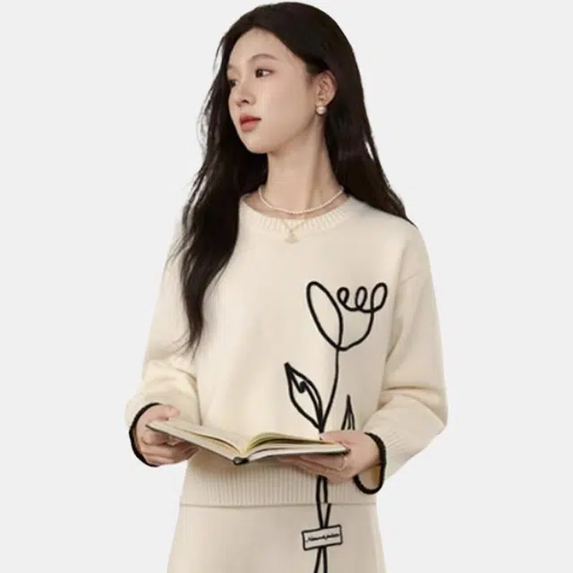 鹿向南 花园早茶系列 花卉刺绣圆领套头针织毛衣 女款