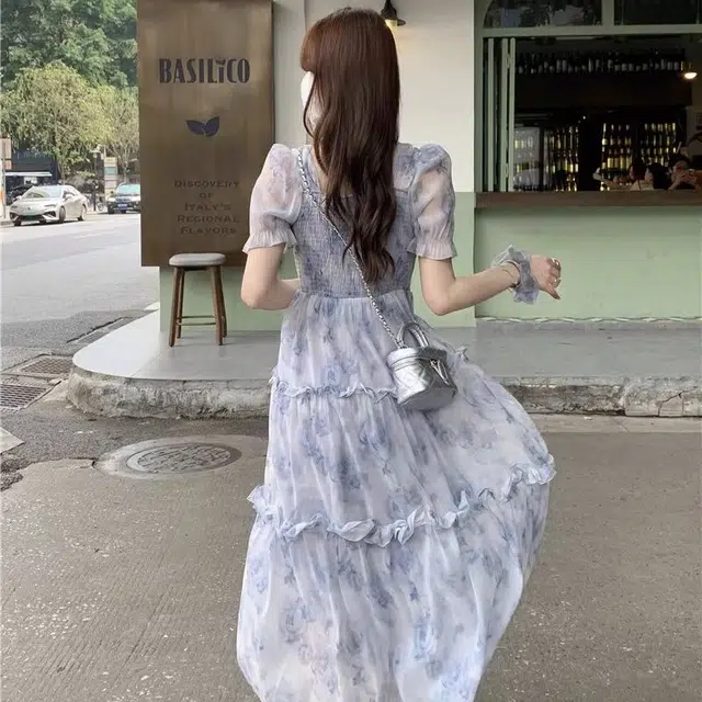 古莲菲 温柔风小清新海边度假沙滩裙碎花显瘦短袖连衣裙 女款 蓝色