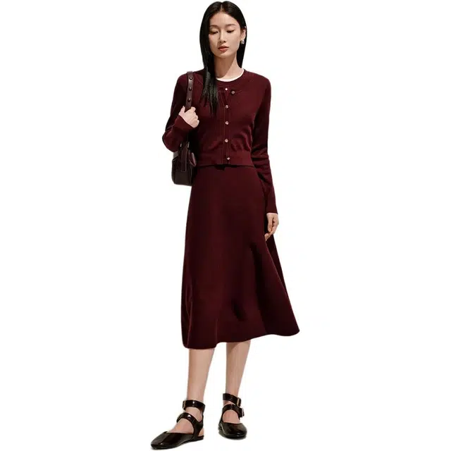 玖姿安娜蔻 简约高级感假两件通勤时尚休闲长袖连衣裙 女款 酒红
