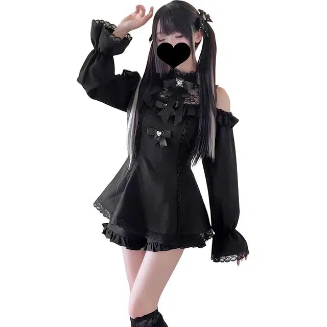 梨九九 日系暗黑学院风制服蕾丝腰显显瘦连衣裙高腰短裙两件套裙装套装 女款