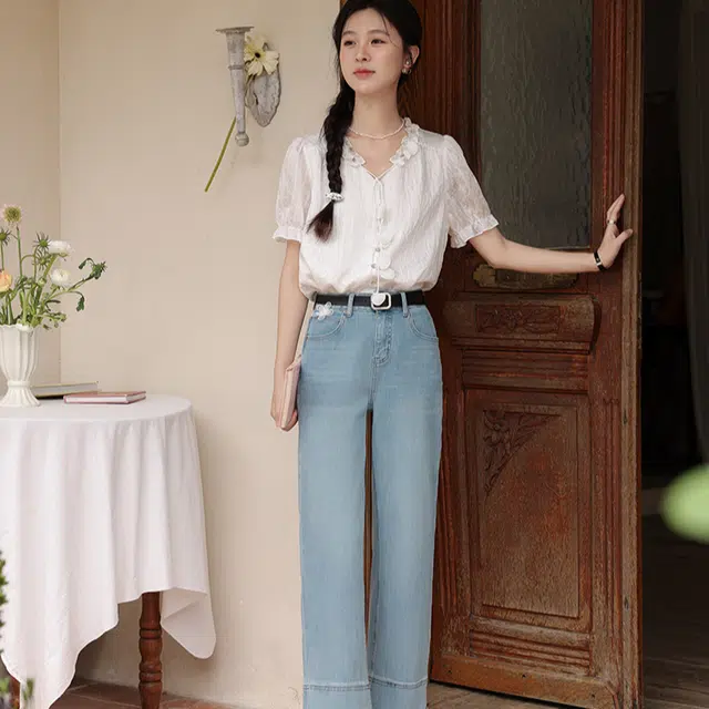 鹿向南 适中直筒高腰宽松牛仔裤 女款