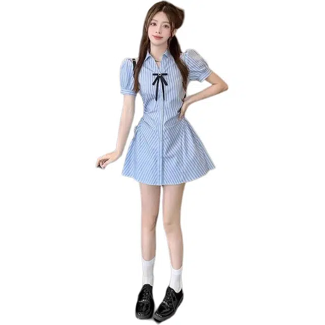 邓大喵 学院风泡泡袖衬衫连衣裙子小个子穿搭气质短裙裙装套装 女款