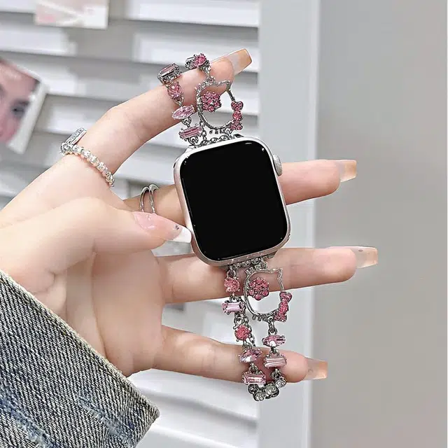 老佳 表带 苹果适用 金属材质 闪钻镂空小猫表带男女通用