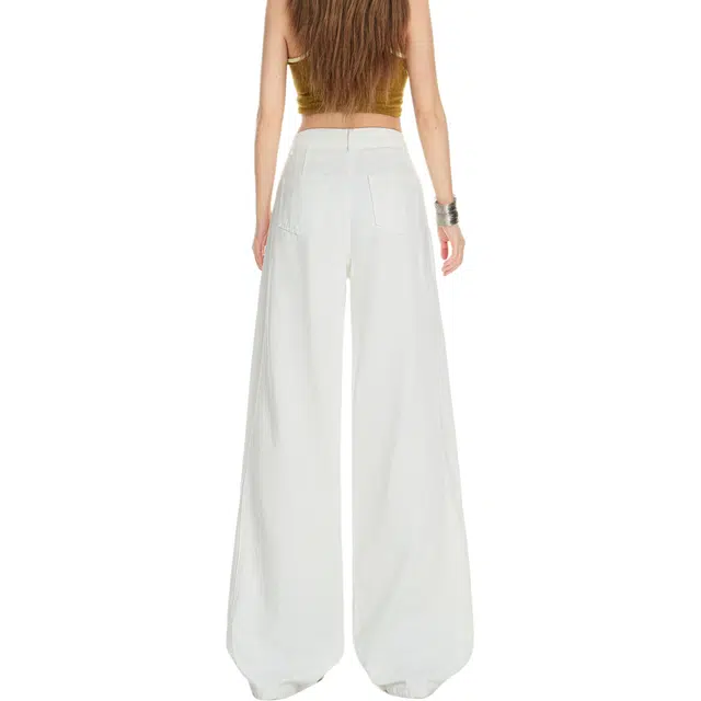 玫丝朵 美式复古设计感拼接纯色简约百搭宽松阔腿直筒牛仔裤 女款