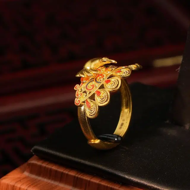 佐卡伊 国风古法金孔雀戒造型口指环可调节 足金 一口价 黄金戒指 女款