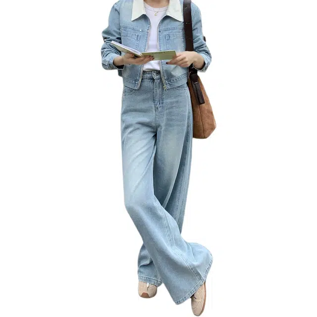 恒源祥 复古时尚纯色牛仔外套阔腿裤两件套休闲套装 女款