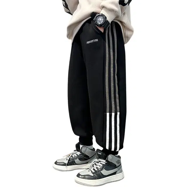 憨憨象 简约字母松紧腰舒适百搭束脚长裤 黑色 青少年