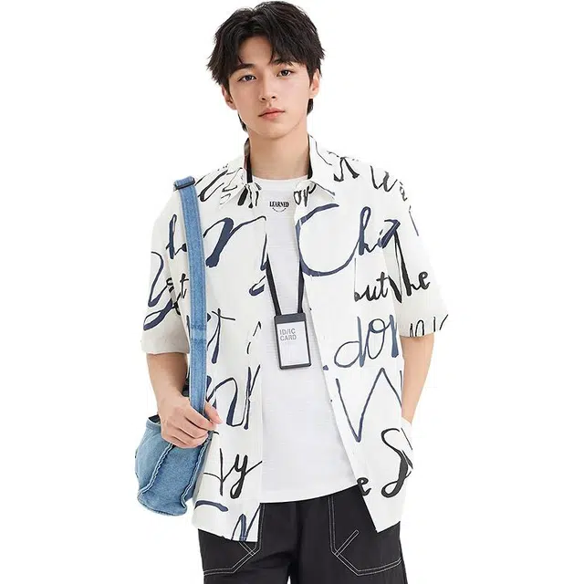 三福 字母印花短款时尚短袖翻领衬衫 男款