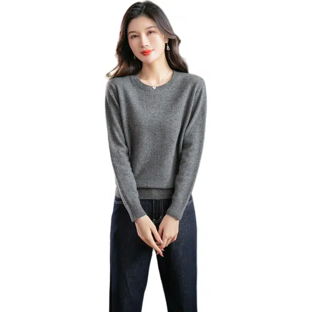 恒源祥 圆领纯色羊毛衫百搭甜美长袖女针织衫毛衣 女款