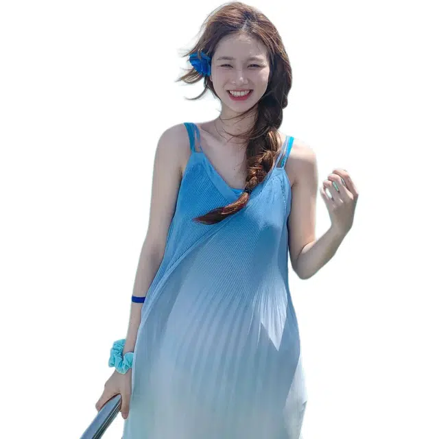 缪斯的诱惑 夏季法式海边度假风渐变时尚海浪裙潮无袖吊带连衣裙 女款 蓝色