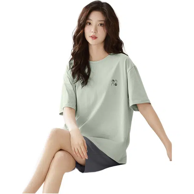 北极绒 纯色圆领短袖短裤可外穿家居服睡衣套装 女款
