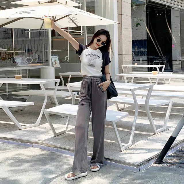 美洋 纯色高腰系带直筒长裤 女款 灰色
