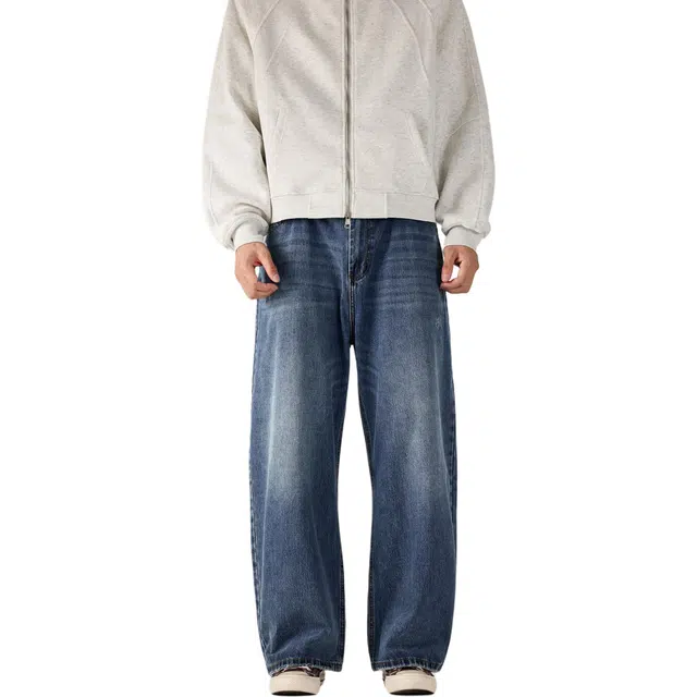 帝狼牛 美式复古潮牌手工磨破设计宽松直筒阔腿休闲垂感弯刀 牛仔裤 男女同款