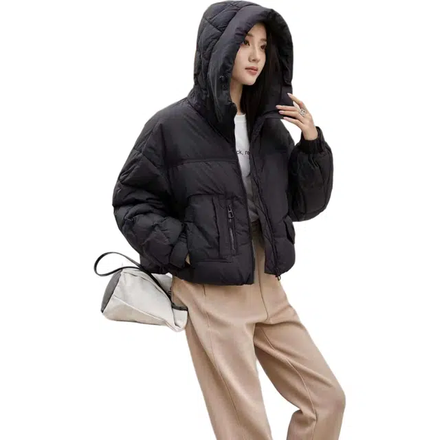 鸭鸭 纯色时尚休闲连帽简约宽松长袖羽绒服 女款