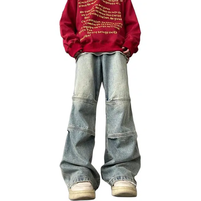 大格子与黑猫 水洗做旧男秋季美式复古阔腿拖地长裤潮牌宽松直筒休闲裤子牛仔裤 男款