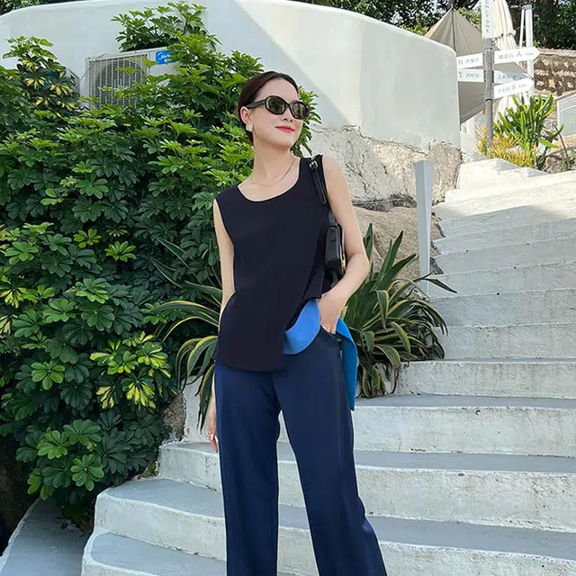 美洋 纯色不规则圆领吊带背心 女款 藏青色