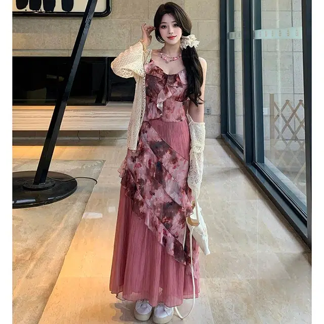 古莲菲 度假风吊带连衣裙碎花度假长裙裙装套装 女款