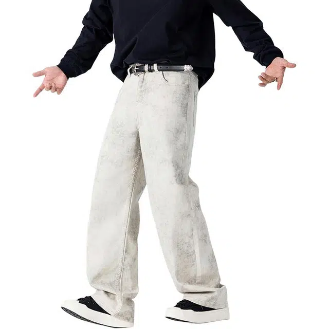 帝狼牛 美式潮牌扎染水洗直筒裤街头百搭潮流工装牛仔裤 男女同款