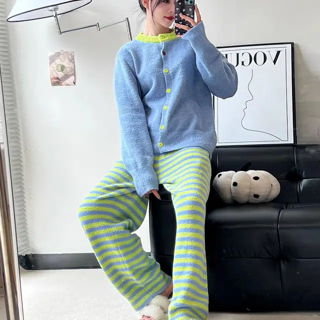 夏芬妍 舒适柔软时尚条纹珊瑚绒家居服加绒加厚蓄温保暖长袖长裤可外穿秋冬款 睡衣套装 女款 蓝绿色