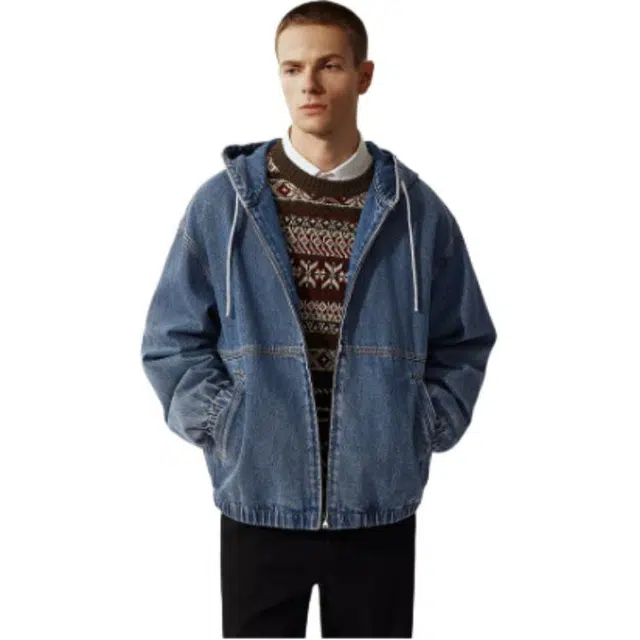 森马 时尚百搭休闲潮流复古做旧宽松连帽舒适美式纯棉上衣街头潮酷牛仔夹克外套 男款