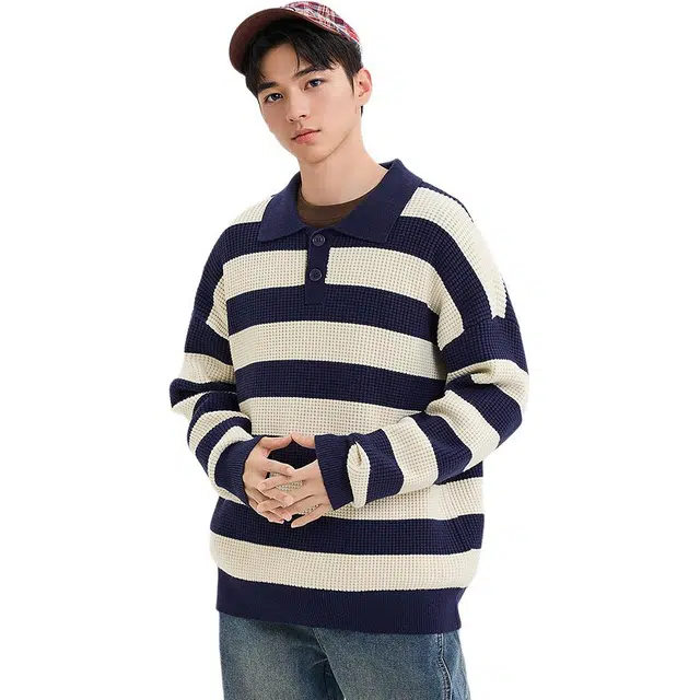 三福 趣味美式宽松横条翻领套头长袖针织衫 男款