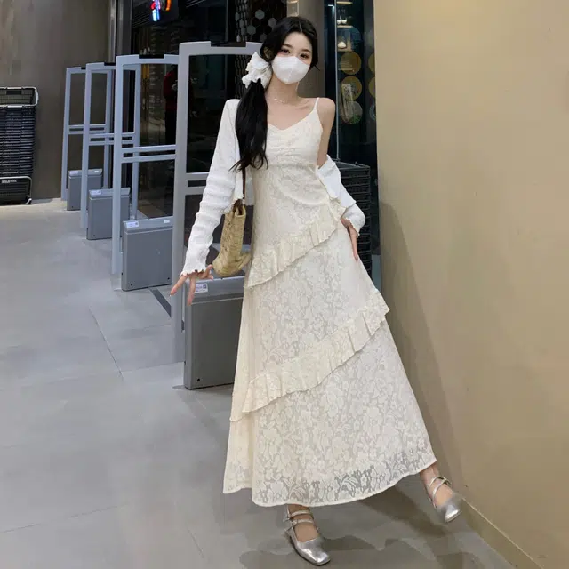 古莲菲 时尚舒适长袖上衣气质百搭裙子裙装套装 女款 白色+杏色