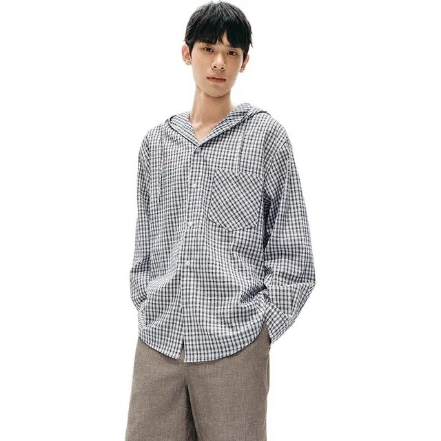森马 格纹外套轻薄款连帽长袖衬衫 男款