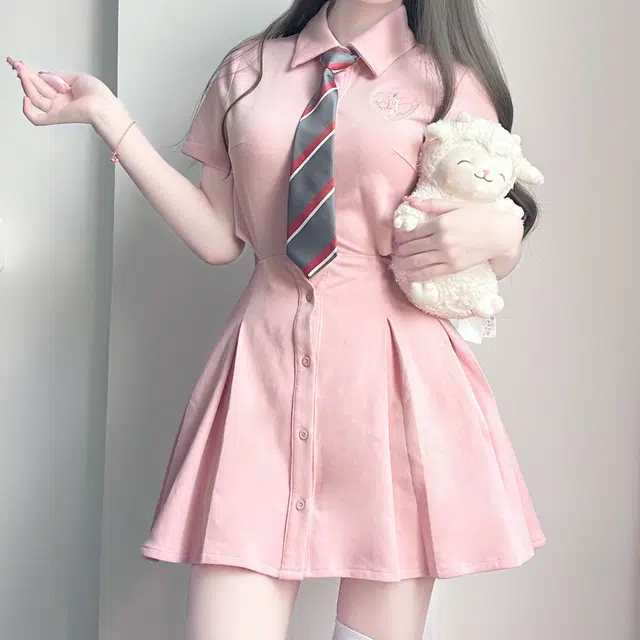纯色衬衫领短袖连衣裙 女款 粉红色