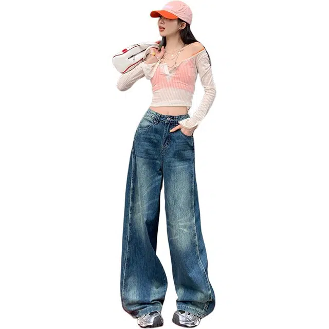 玫丝朵 美式复古潮流做旧设计时尚百搭宽松直筒垂感拖地牛仔裤 女款