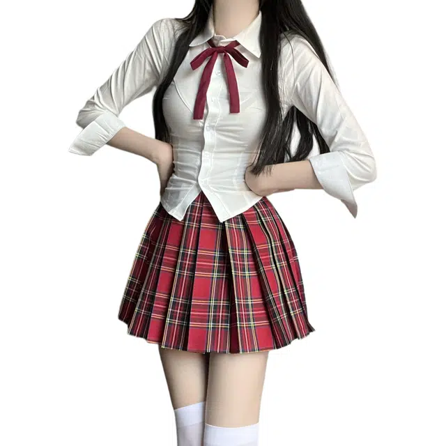 花山家的猫 红色格纹百褶裙收腰长袖衬衫制服 女款