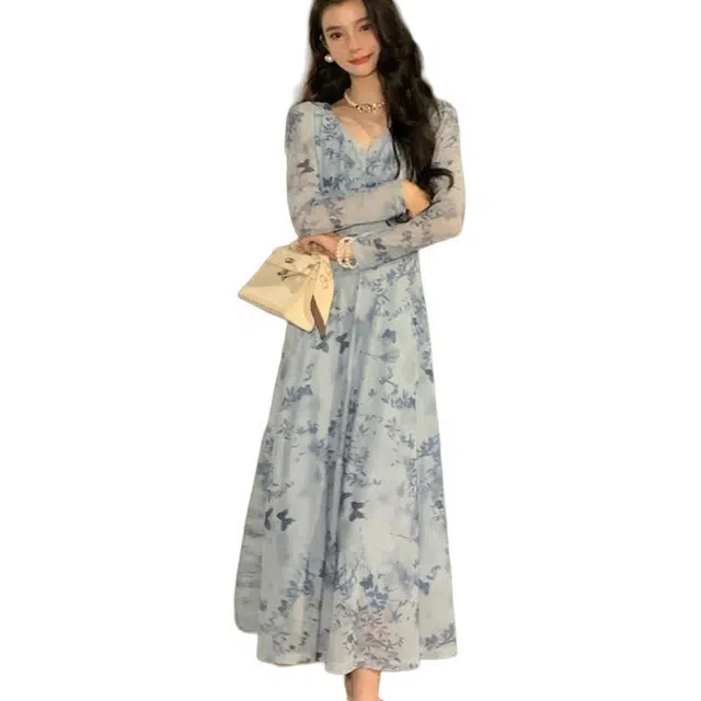 木清清 法式碎花打底弹力收腰复古气质长袖连衣裙 女款 蓝岩花