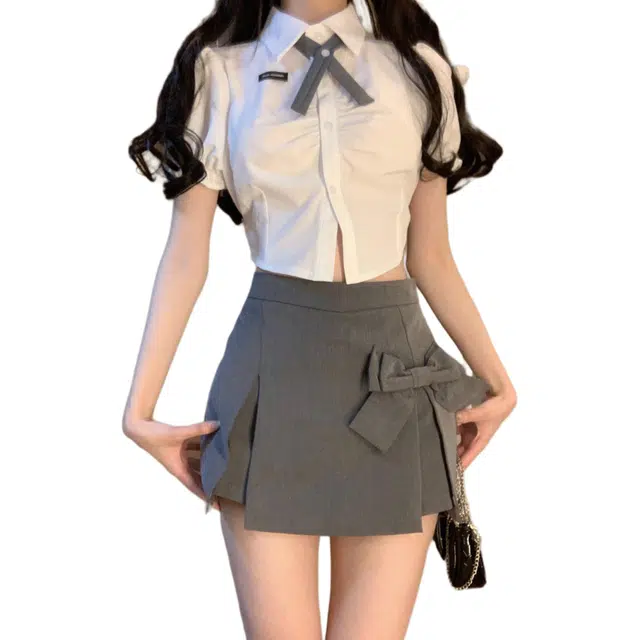 轻迎 蝴蝶结半身裙小个子设计感高腰休闲短裙 女款