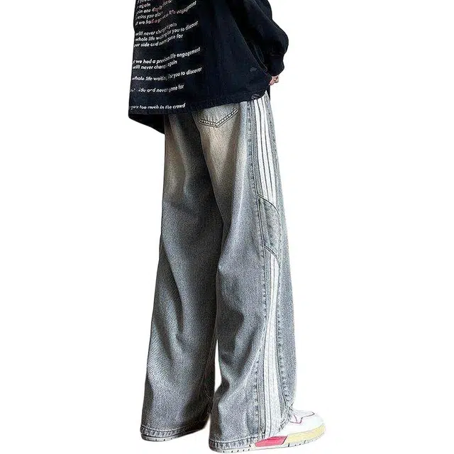 颂希尔 美式复古潮牌三条杠设计感水洗直筒宽松阔腿裤子休闲长裤牛仔裤 男女同款