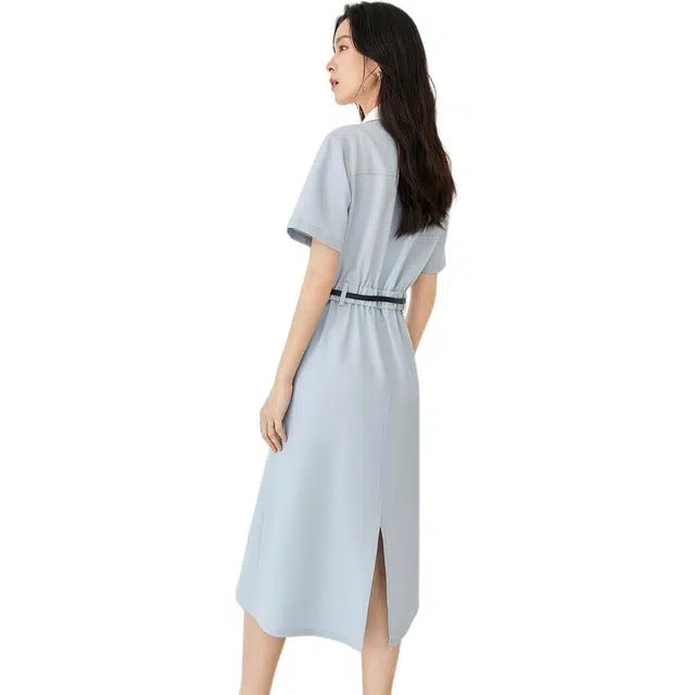 对白 纯色高腰衬衫短袖连衣裙 冰水蓝