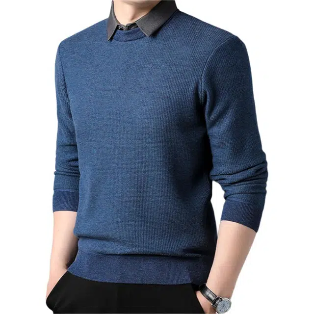 老爷车 秋冬季男轻奢加厚保暖衬衫领假两件男商务休闲针织衫 男款