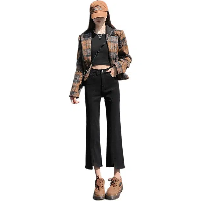 思蓓儿 复古时髦铆钉女脚口开叉微喇裤子辣妹长腿弹力裤牛仔裤 女款